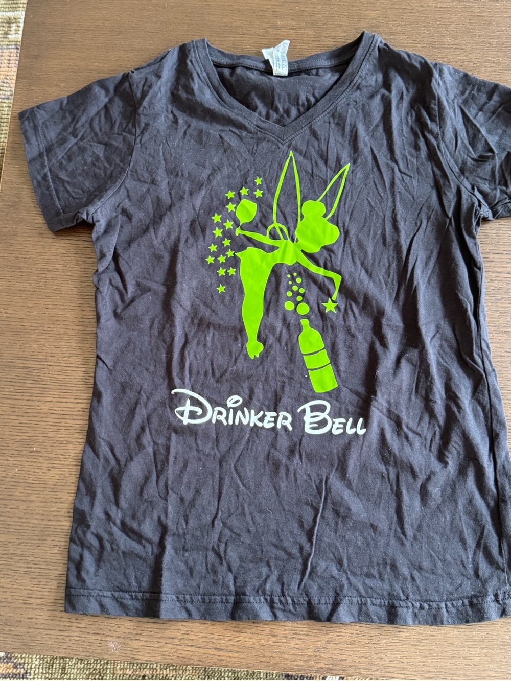 Drinker Bell Graphic V-Neck Tee - Black with Neon Green Print